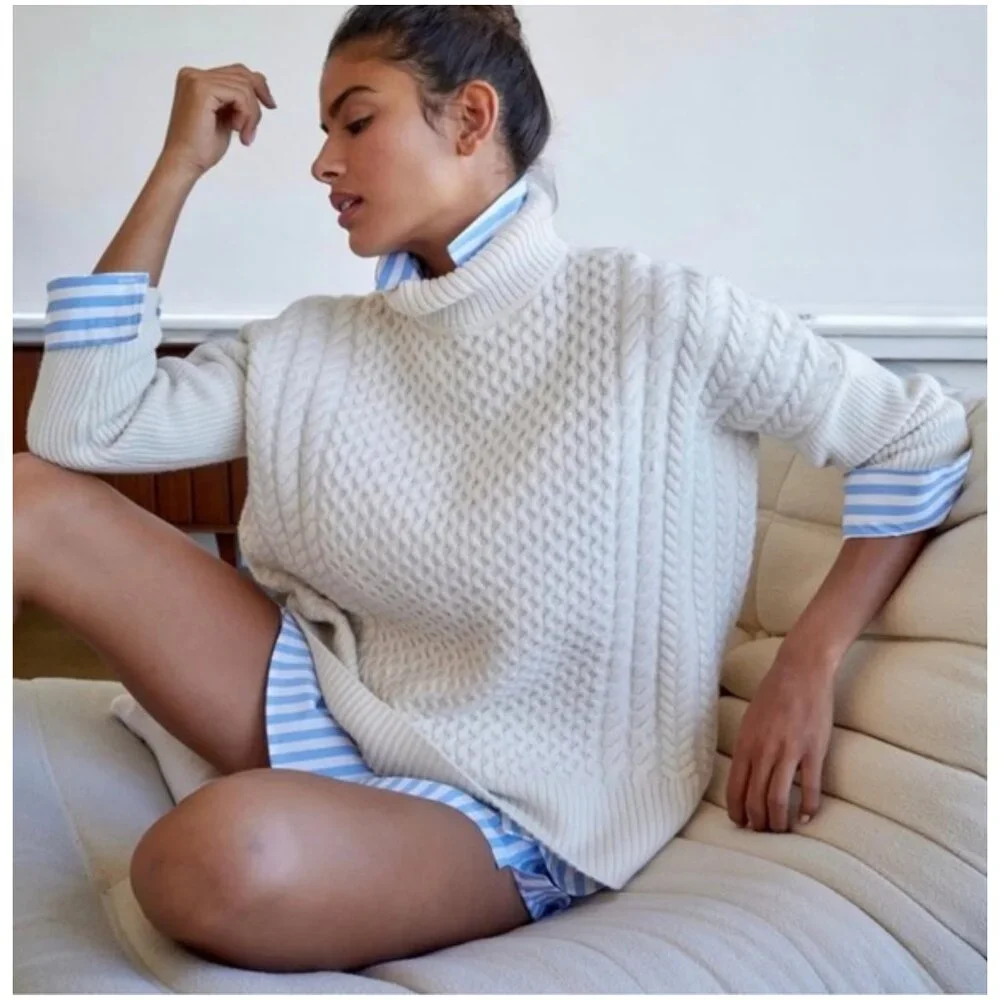 Ayr Le Square oversized Merino Wool sweater ivory snow size S small cable knit - Picture 3 of 12